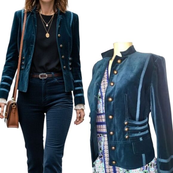 Together Cotton Velvet Military Blazer With Teal Trimming Size Golden Buttons - Picture 1 of 16